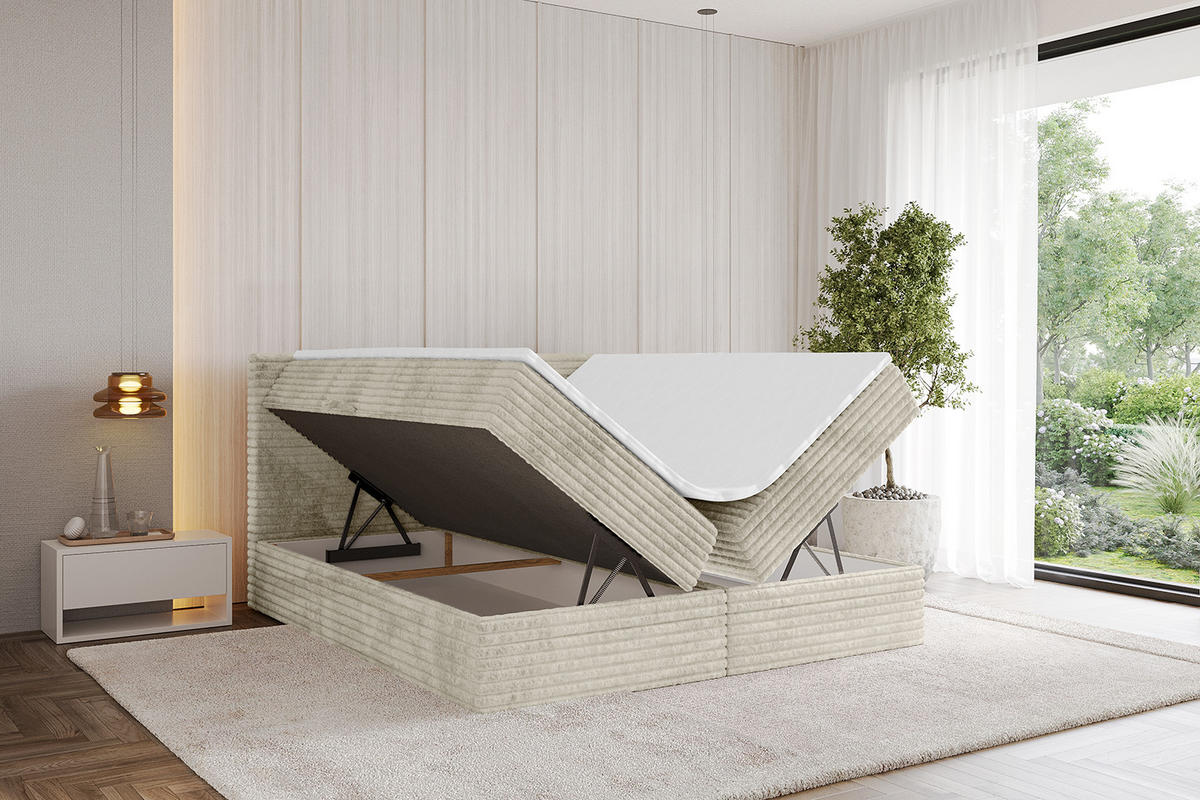 BOXBETT mit Matratze H4 und Lattenrost - TOLO-v1 - 200x200 Cord - Creme - Champagner, Holzwerkstoff (200/200cm)