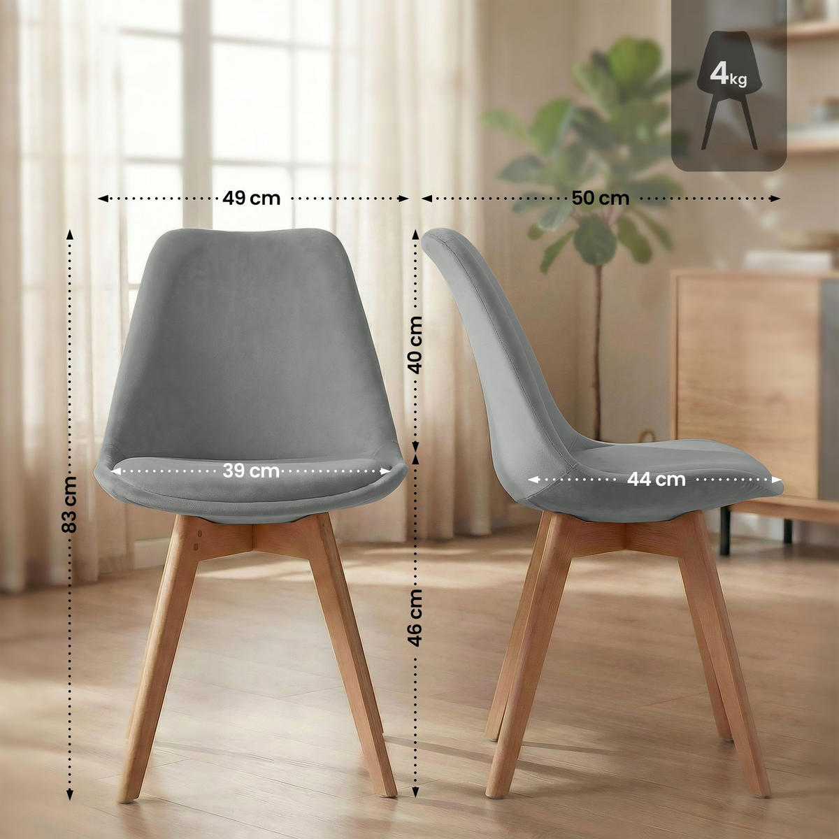 STUHL Samt Grau - Eukalyptusholzfarben/Grau, Holz/Textil (49/83/50cm) - CLP