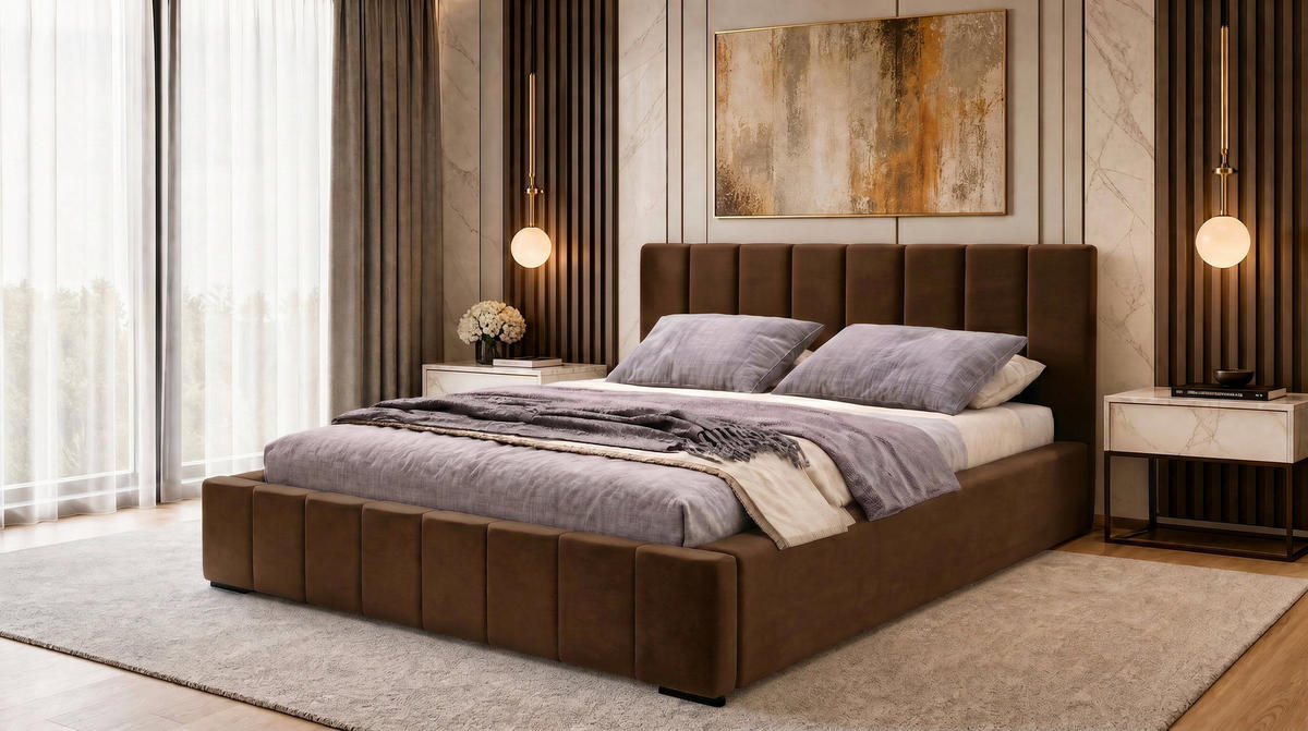 MARPUR Polsterbett NERO 180x200 cm mit Bettkasten und Lattenrost, Dunkelbraun - Chromfarben/Dunkelbraun, Holz/Holzwerkstoff (180/200cm) - Marpur