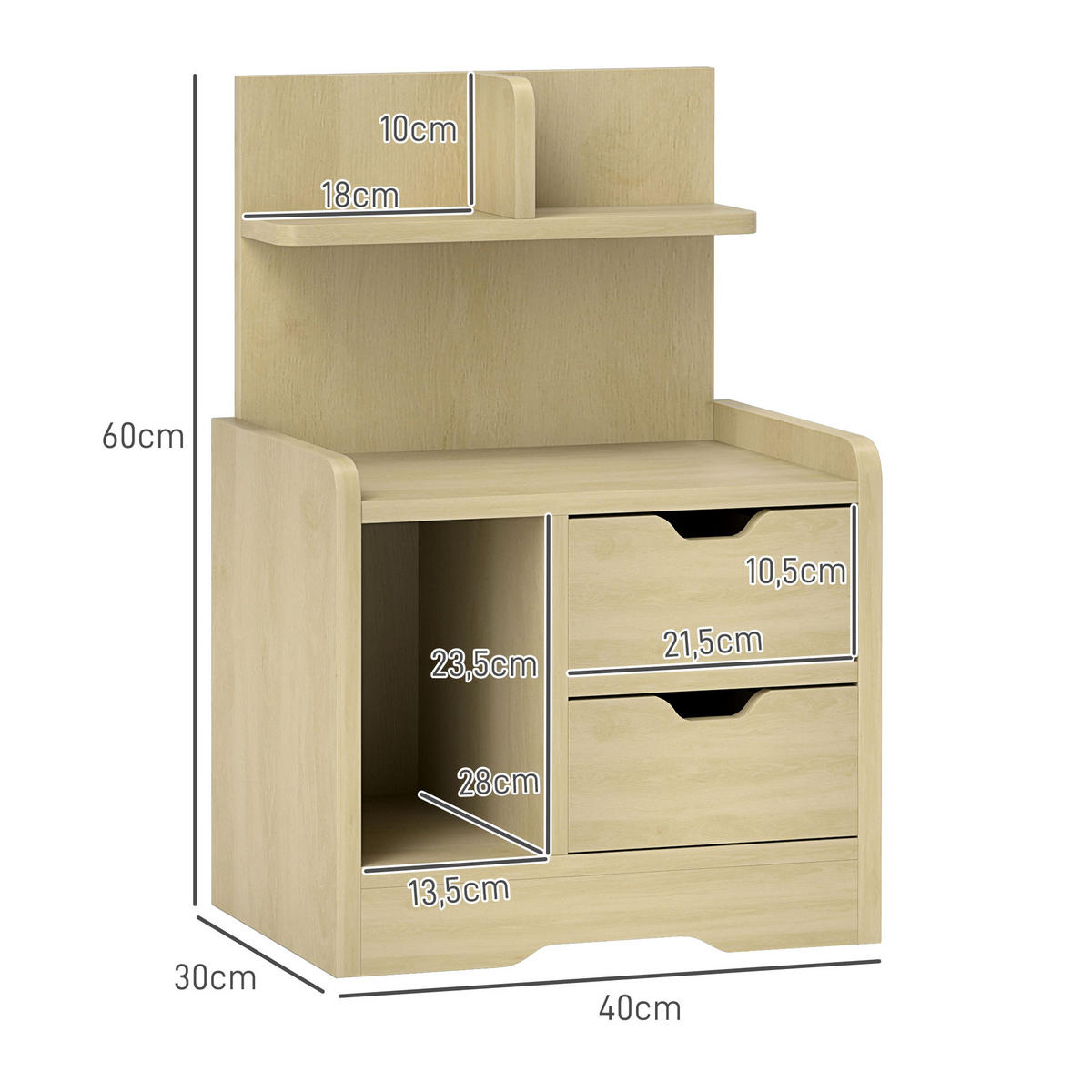 NACHTTISCH mit 2 Schubladen, 40 x 30 x 60 cm, Naturholz - Naturfarben, Holzwerkstoff (40/60/30cm) - HOMCOM