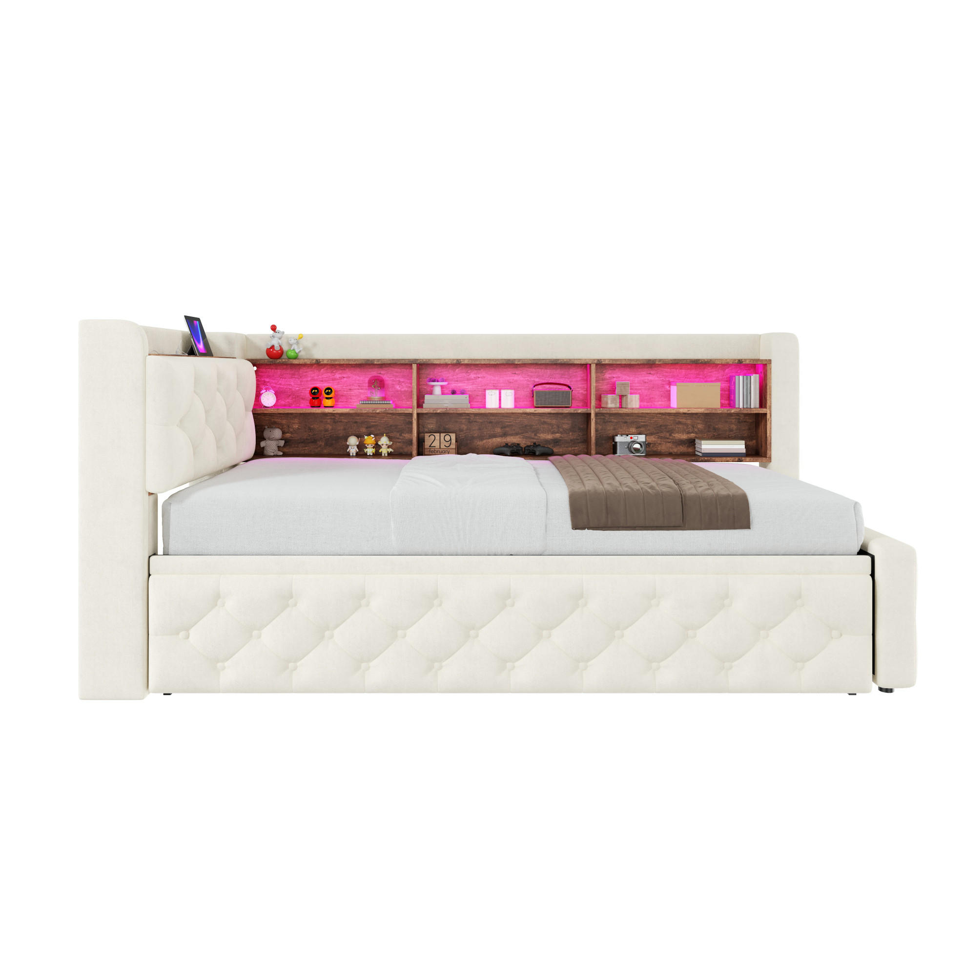 BETT 90/180×190 cm in Beige mit Stauraum, LED-Beleuchtung und USB- und Type-C-Anschlüssen - Beige, Textil (180/190cm) - Flora Grace