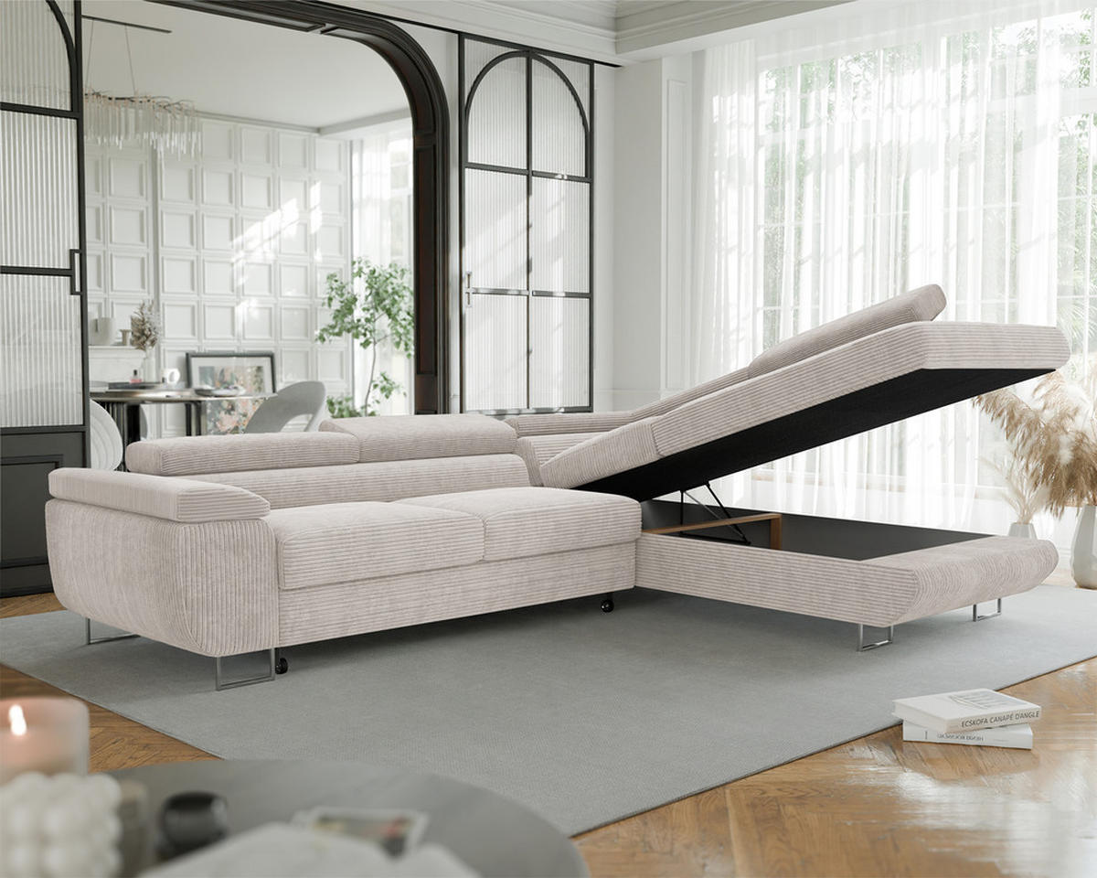ECKSOFA ANTON mit Schlaffunktion und Bettkasten Creme - Creme, Holzwerkstoff/Kunststoff (274/203cm) - Idohome
