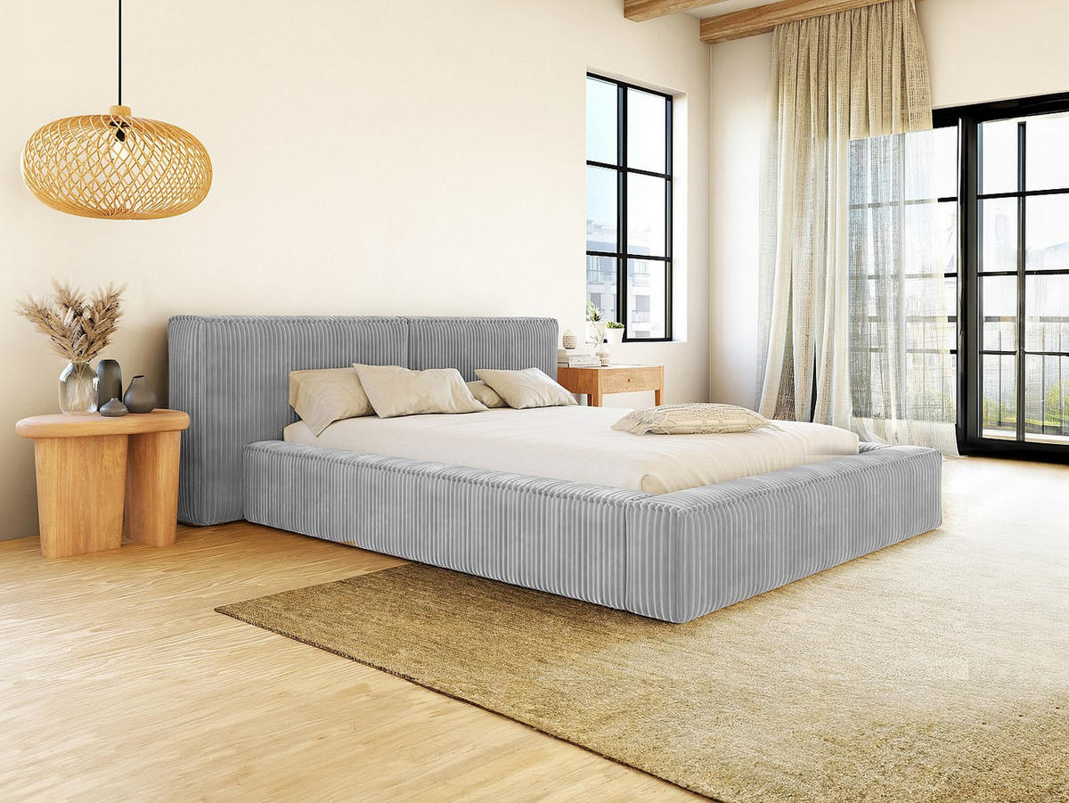 BETT mit Bettkasten - 2 Personen - Samt, Stoff - Hellgrau - - Hellgrau, Textil (160/200cm) - Vente-Unique