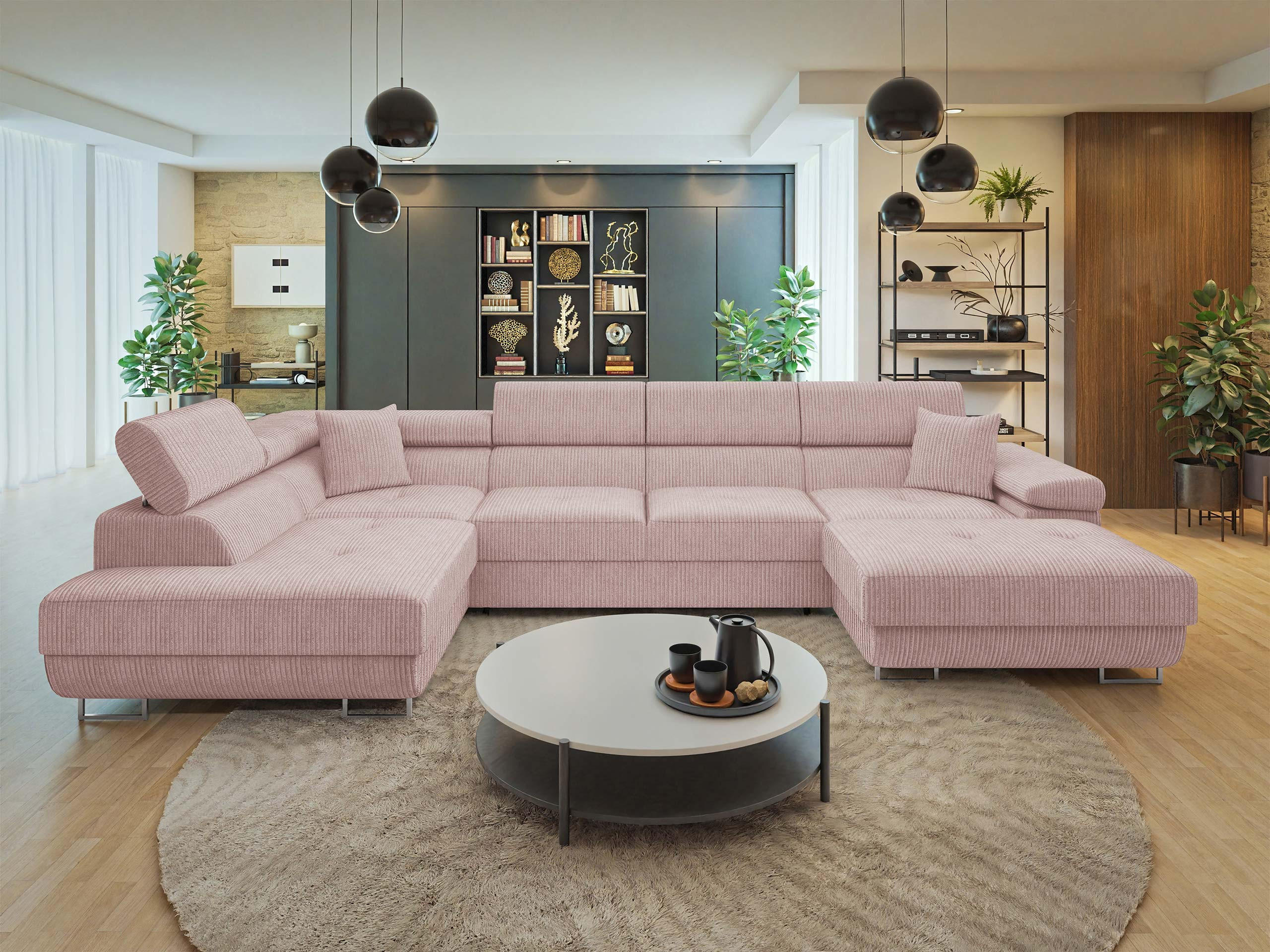 WOHNLANDSCHAFT Torezio Bis Cord, Seite: Links - Rosa, Holz/Textil (346/90/203cm) - MIRJAN24