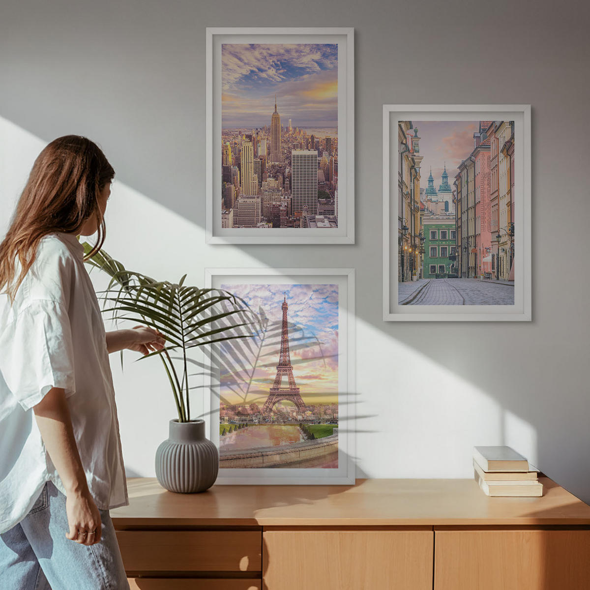 WANDBILDER 3er-Set - 40x60 cm Weißer Rahmen - Städte New York Paris Dämmerung - Weiß, Kunststoff (40/60cm) - ArtPrintCave