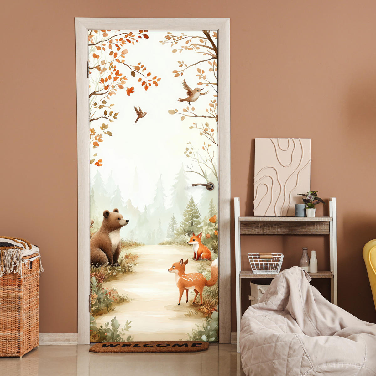 FOTOTAPETE Tür - Wald - Herbst - Waldtiere - Bär - Fuchs 95x215 cm - Kastanienfarben, Kunststoff (95/0.1cm) - MuchoWow