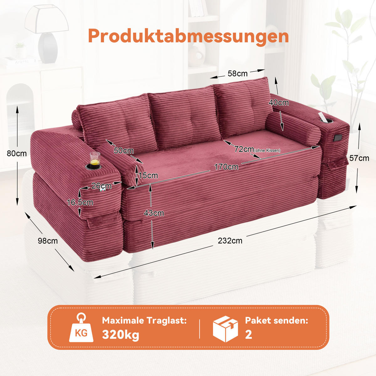 SCHLAFSOFA, 2-in-1 Klappsofa mit Getränkehalter, Modulares Bodensofa Cordstoff, Weinrot - Weinrot, Textil (232/80/98cm) - LVHOM
