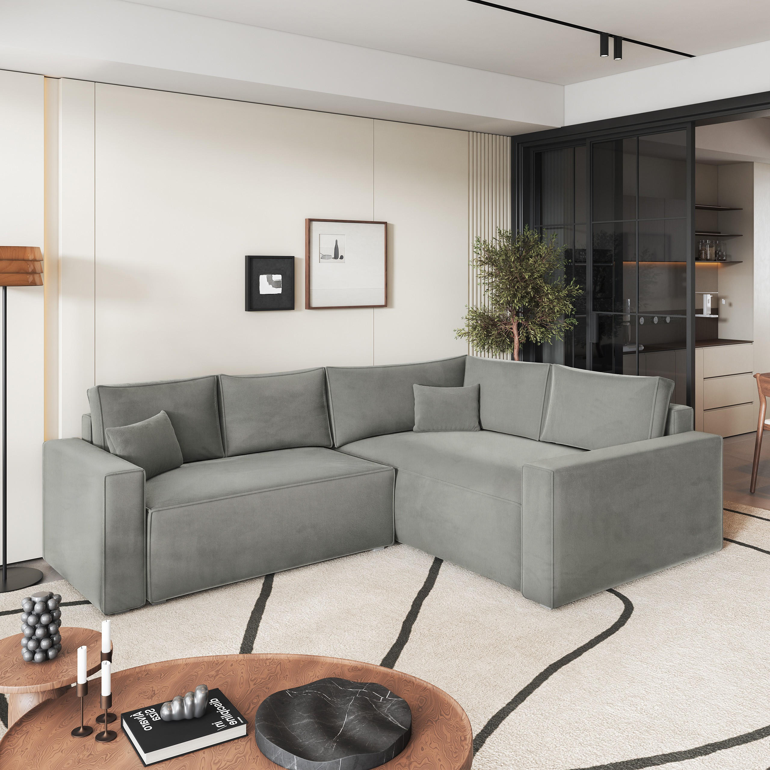 ECKSOFA ERONIS R-S Hellgrau Velours-Stoff mit Schlaffunktion - Hellgrau, Holz (265/194cm) - MASSENO