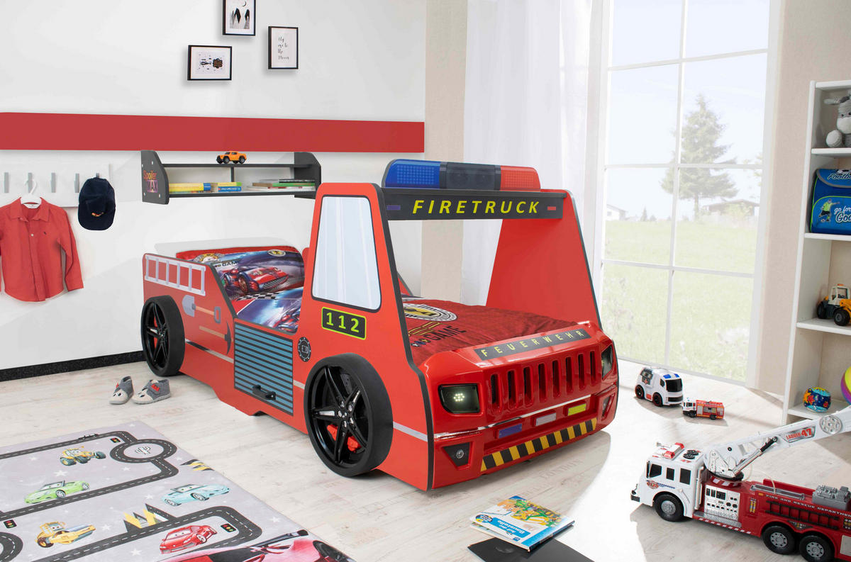 AUTOBETT Firetruck für Kinder 90x200 mit LED Leuchte und Lattenrost - Rot, Holzwerkstoff (90/200cm) - Aileenstore