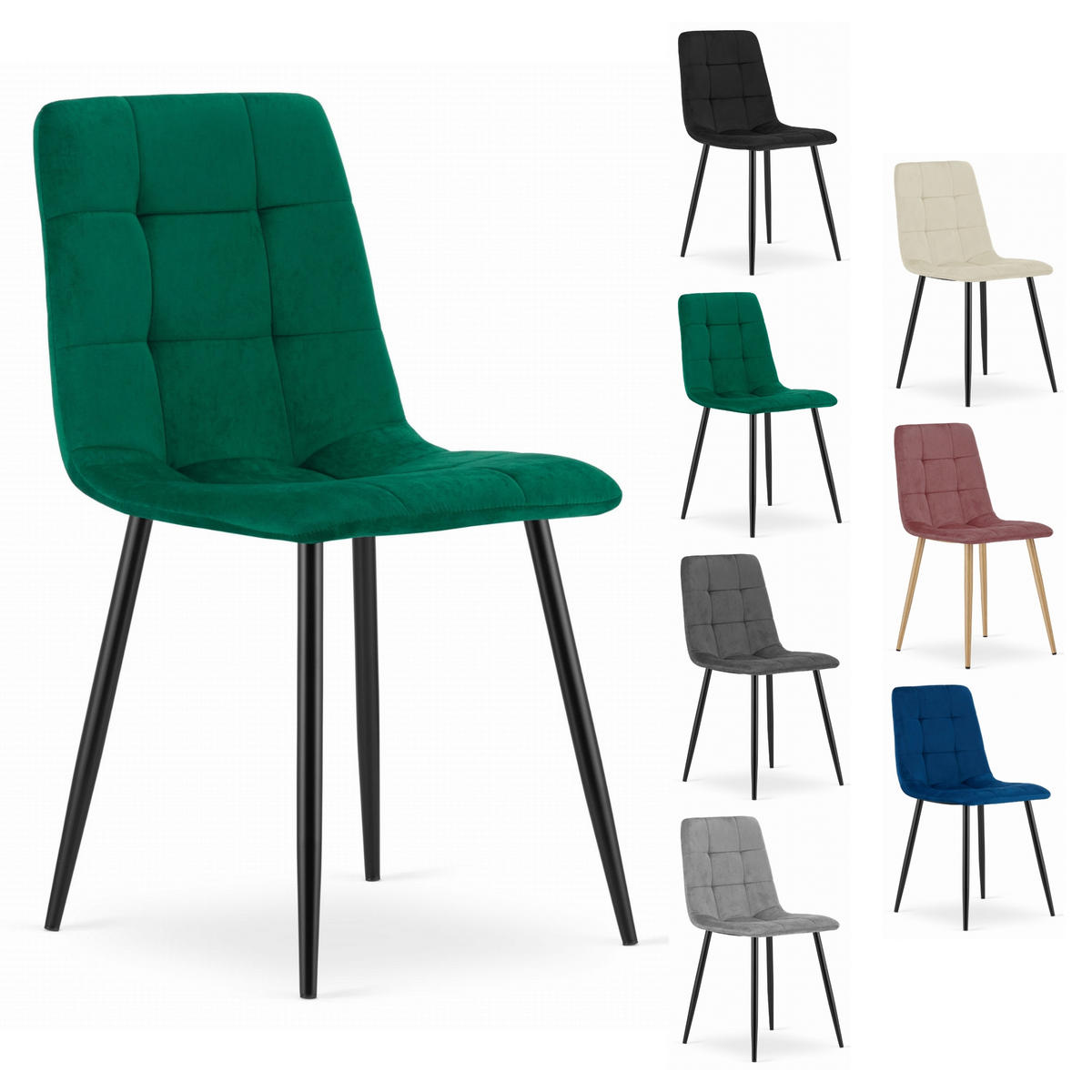 STUHL CETARA 6-er Set, Grün, mit Samtstoff gepolstert - Anthrazit, Textil/Metall (54/88/60cm) - Komodee