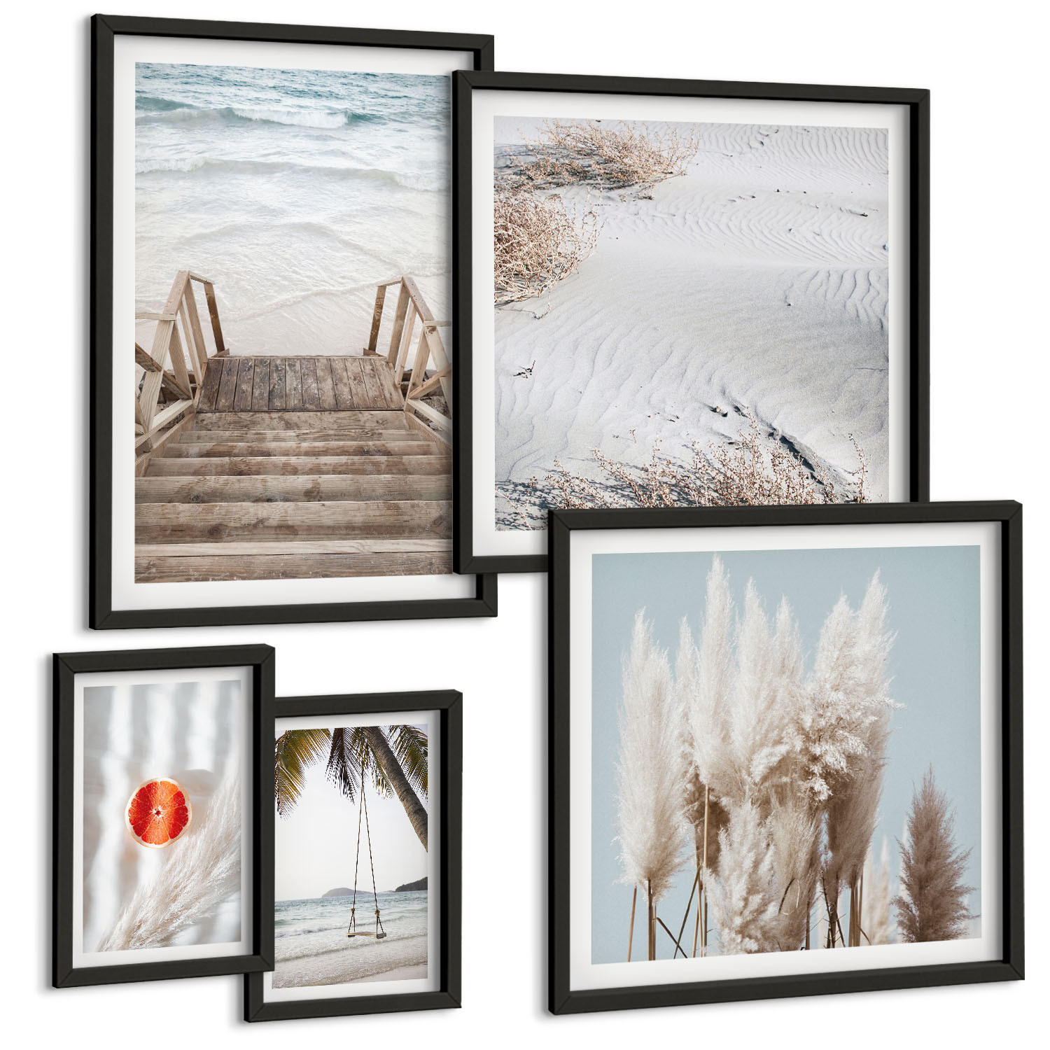 BILDER SET 5er Set - 50x50 cm & 20x30 cm & 40x60 cm Schwarzer Rahmen - Strandatmosphäre dank hölzerner Treppen. - Schwarz, Kunststoff (40/60cm) - TULUP
