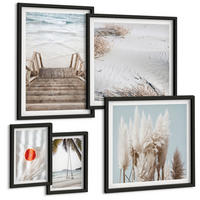 BILDER SET 5er Set - 50x50 cm & 20x30 cm & 40x60 cm Schwarzer Rahmen - Strandatmosphäre dank hölzerner Treppen. - Schwarz, Kunststoff (40/60cm) - TULUP