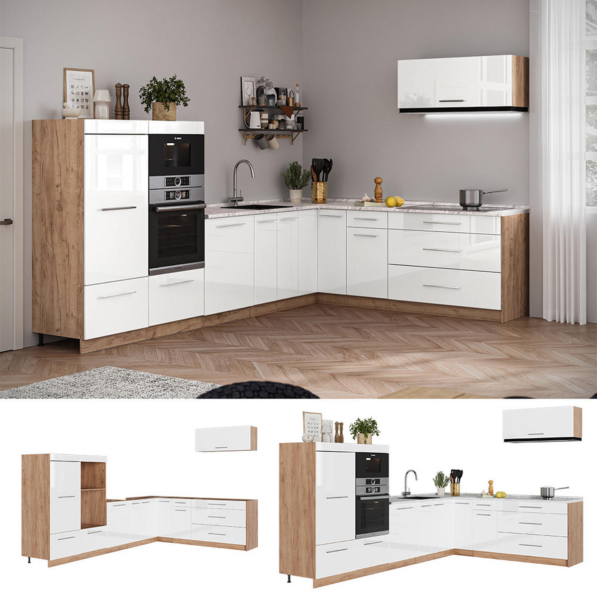 ECKKÜCHE Fame-Line, Weiß Hochglanz/Goldkraft Eiche, 327 x 227 cm, AP Marmor - Honigeiche/Weiß Hochglanz, Holzwerkstoff (327/153.6/60cm) - Vicco