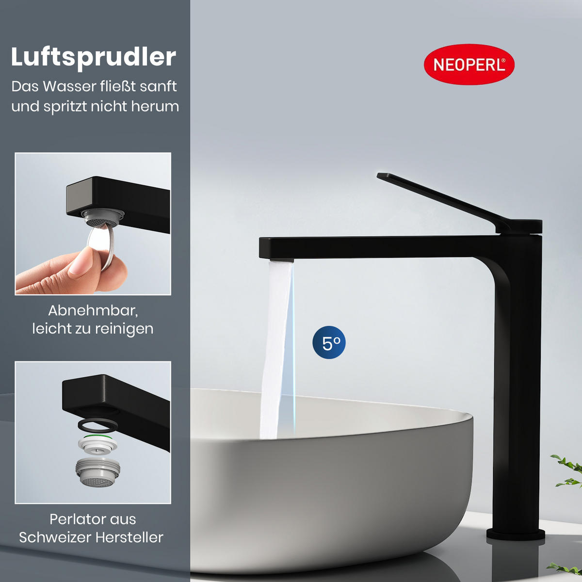 WASCHTISCHARMATUR mit Zertifiziertem Filterelement Schwarz Matt Hoher Stil - Schwarz, Metall (23.3/4.6/33.5cm) - EMKE