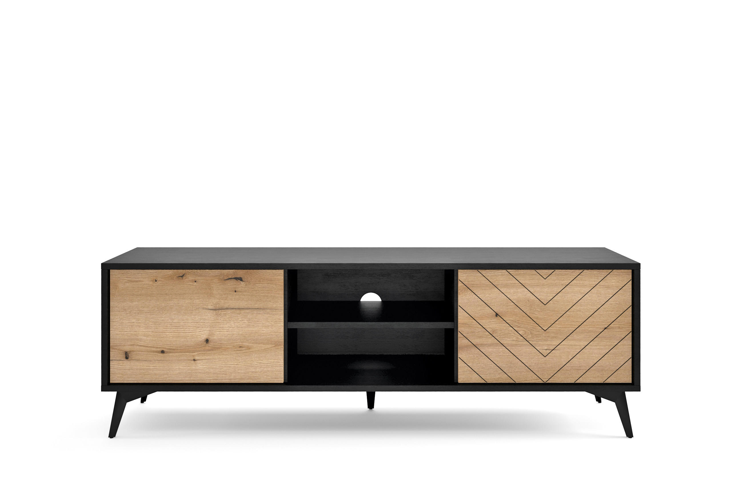 TV-ELEMENT Diamond Eiche Evoke, Schwarze Beine, Zweitürig - Schwarz, Holzwerkstoff (154/50/39cm) - Bettso