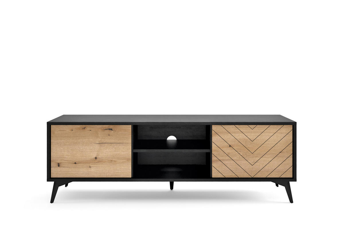 TV-ELEMENT Diamond Eiche Evoke, Schwarze Beine, Zweitürig - Schwarz, Holzwerkstoff (154/50/39cm) - Bettso