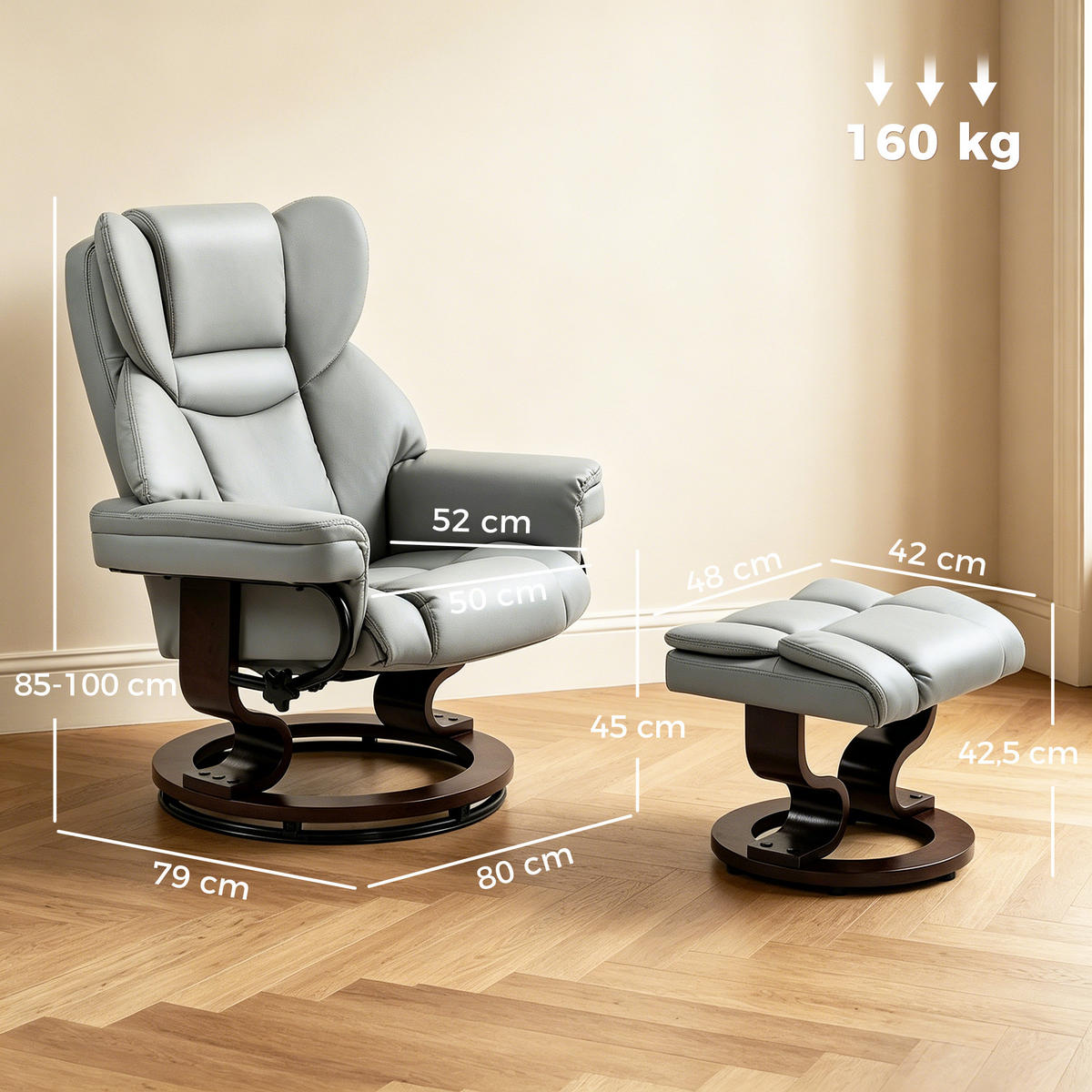 RELAXSESSEL mit Fußhocker PU-Leder Hellgrau - Hellgrau/Braun, Holz/Kunststoff (79/100/80cm) - HOMCOM