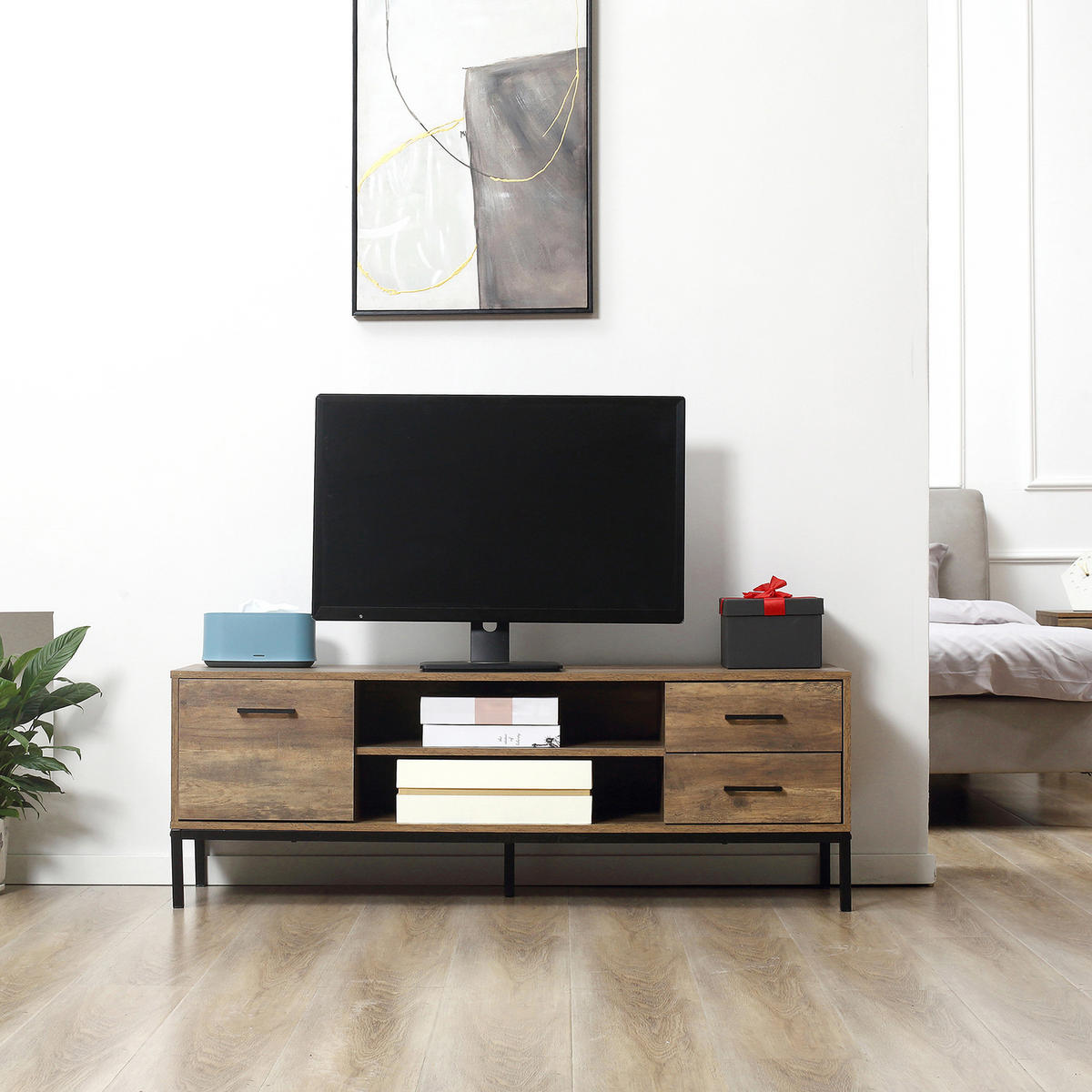 TV-BANK Braun/Schwarz 132/39/45,5 cm, 2 Schubladen, 1 Tür, Metallgestell - Braun, Holzwerkstoff (132/45.5/39cm) - PANGIVO
