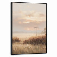 LEINWAND Bilder mit Rahmen - Gras - Morgennebel - Kreuz - Christentum - 70x100 - Beige, Textil (70/100cm) - MuchoWow