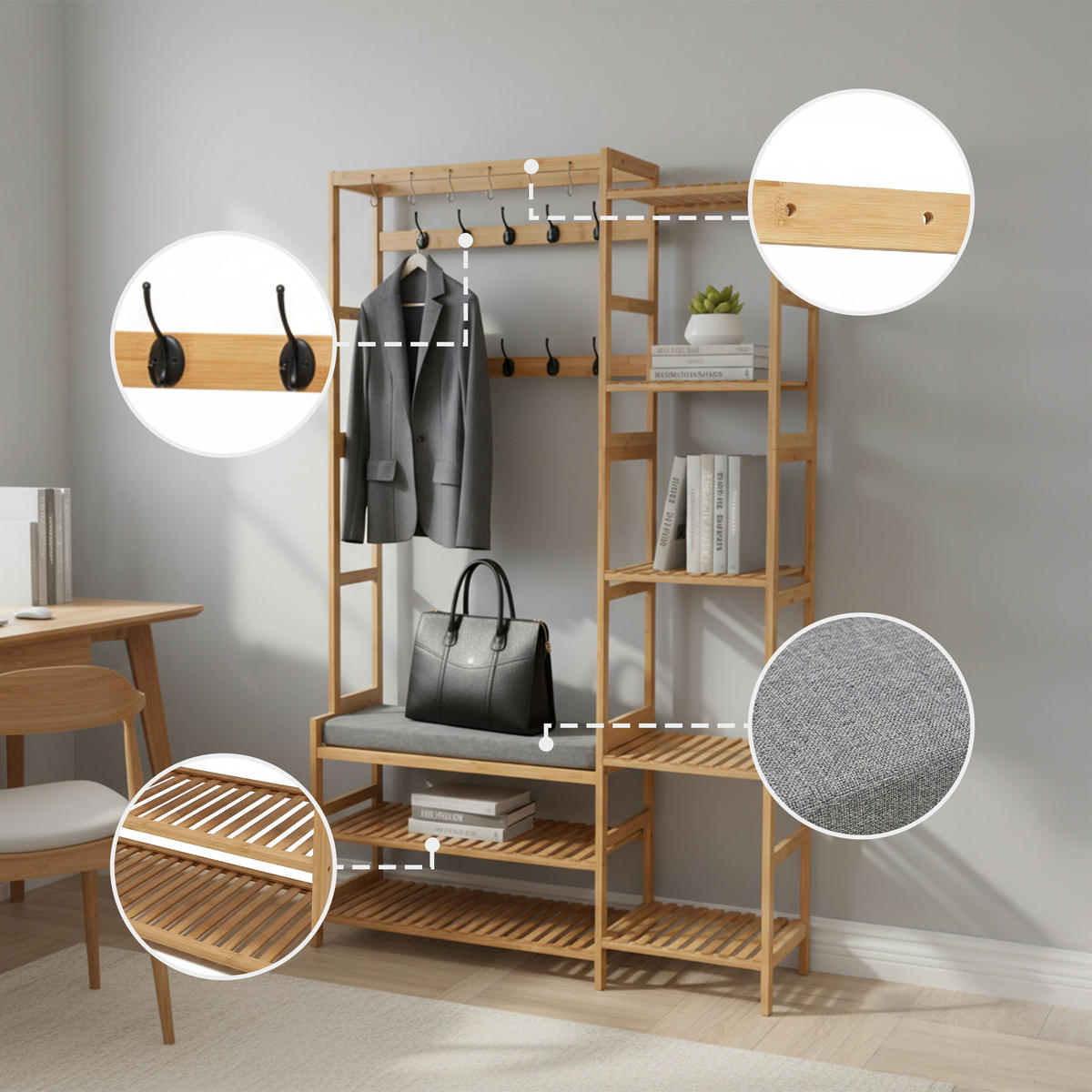 VĚŠÁK - světle hnědá, dřevo/textil (104/175/30cm) - Relaxdays