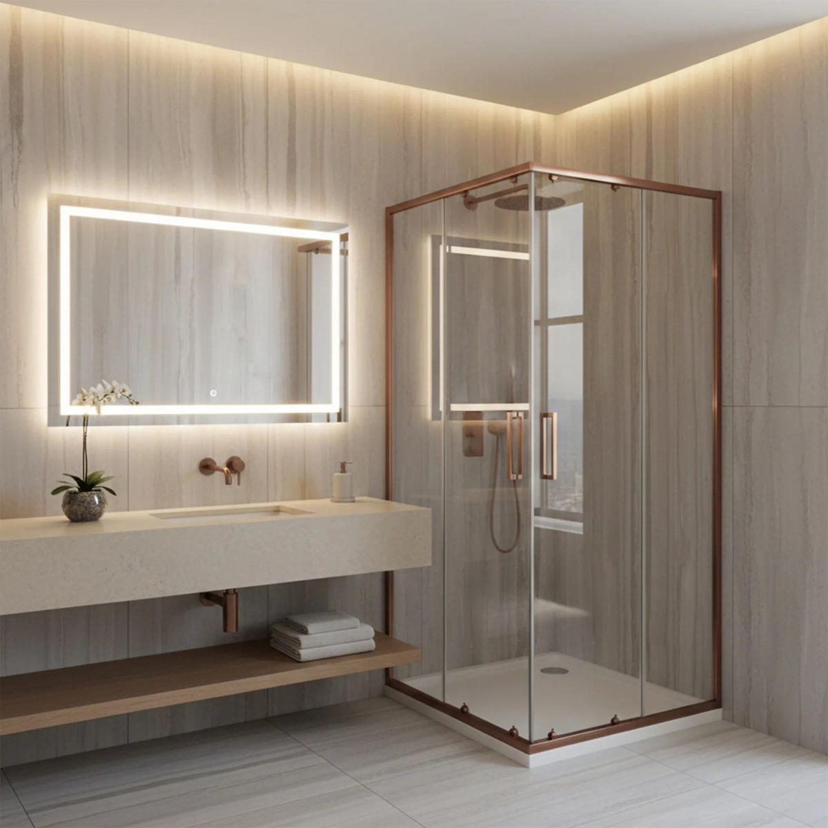 DUSCHKABINE Rea City 90x90 Brush Copper mit Duschwanne Savoy - Kupferfarben, Glas (90/90/190cm) - REA
