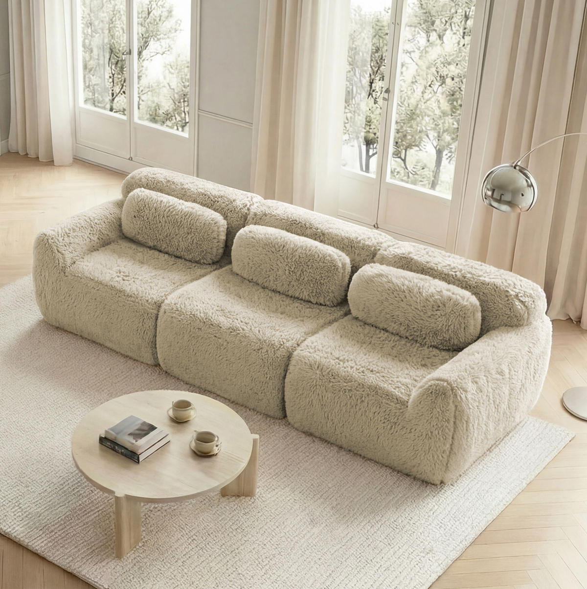 ECKSOFA modular mit rutschfester Basis Plüsch Hellkhaki - Beige, Kunststoff (104/73/291cm) - Meubliv