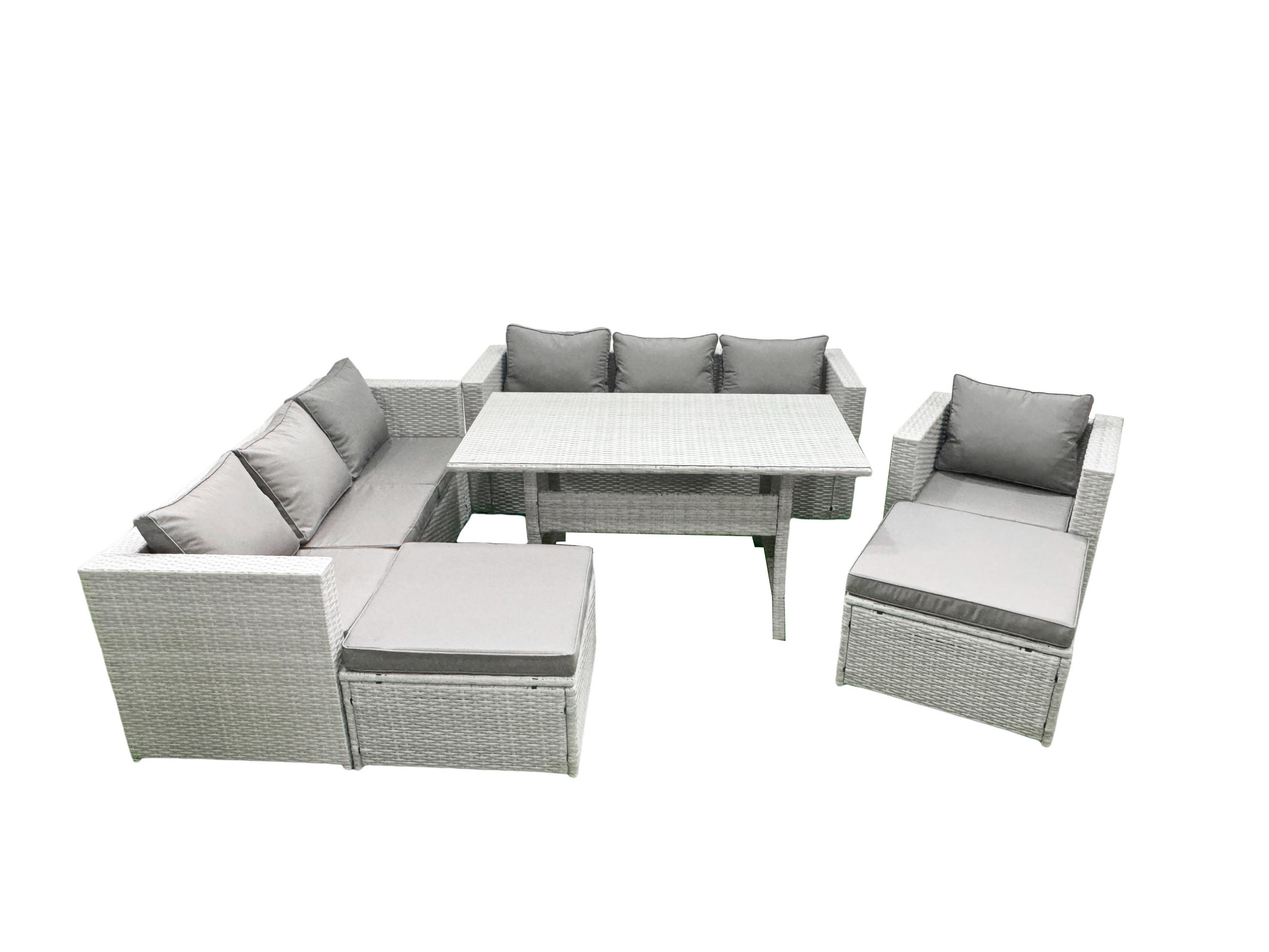 GARTENMÖBEL SET mit 3-Sitzer-Sofa und Sessel, Esstisch,2 Großer Hockern Polyrattan Hellgrau 9-Sitzer - Hellgrau/Grau, Glas/Kunststoff - Fimous
