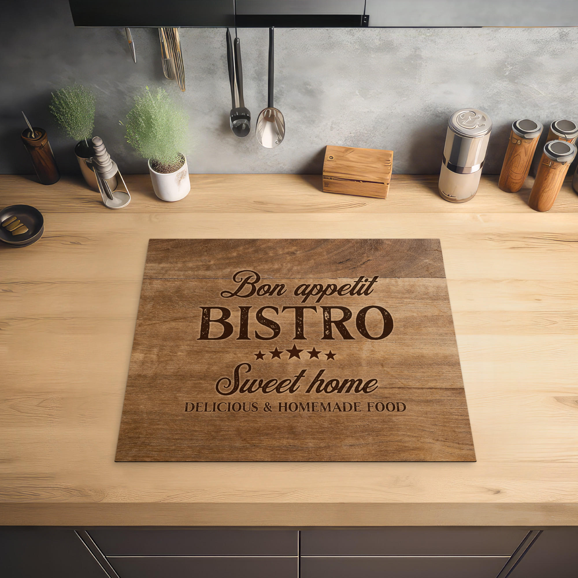 HERDABDECKPLATTE Zitat - Bistro - Guten Appetit - Süßes Zuhause - Holzmaserung 58x51 cm - Braun, Kunststoff (58.3/0.2/51.3cm) - MuchoWow