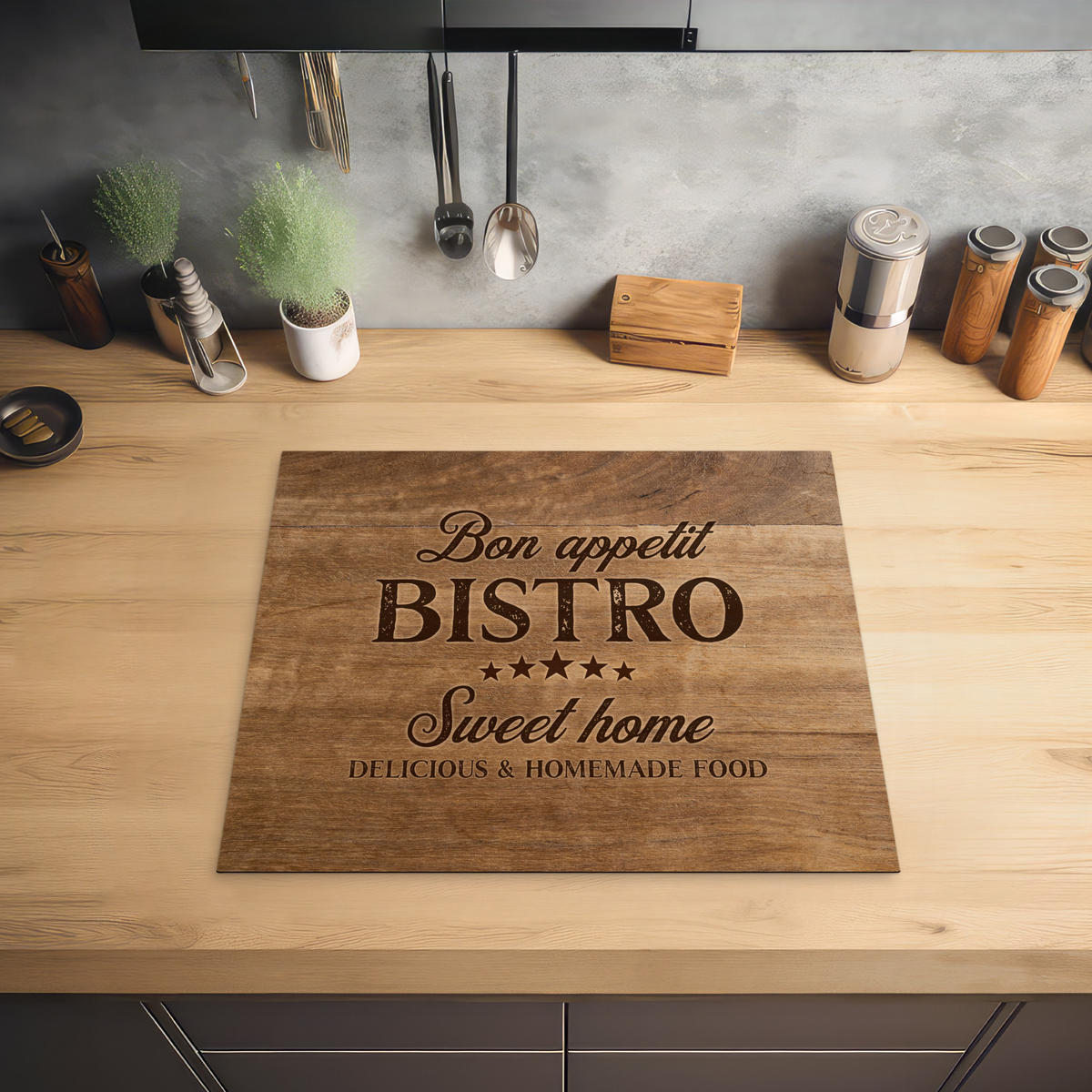 HERDABDECKPLATTE Zitat - Bistro - Guten Appetit - Süßes Zuhause - Holzmaserung 59x51 cm - Braun, Kunststoff (59/0.2/51cm) - MuchoWow