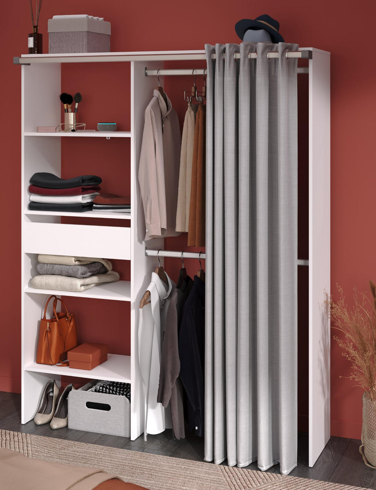 KLEIDERSCHRANK weiß, grau, Mehrzweckschrank 143 cm mit Vorhang - Weiß/Grau, Holzwerkstoff/Textil (143/182/48cm) - Parisot Meuble