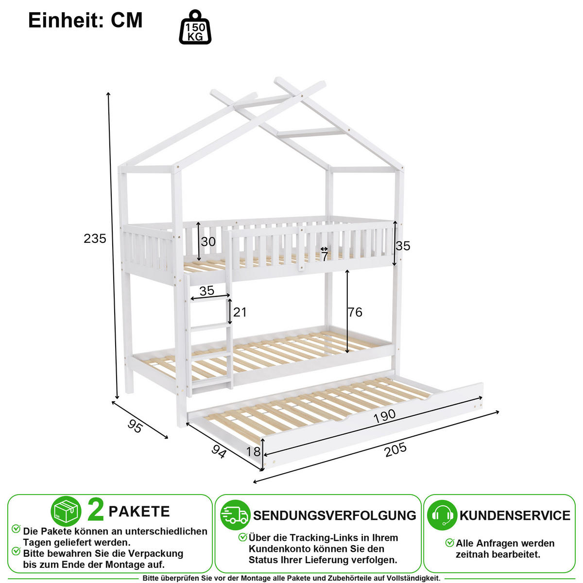 ETAGENBETT 90/200 cm & 90/190 cm in Weiß mit Ausziehbett und Dachdesign Kiefer Massivholz - Weiß, Holz/Holzwerkstoff (90/200cm) - CHICFURN