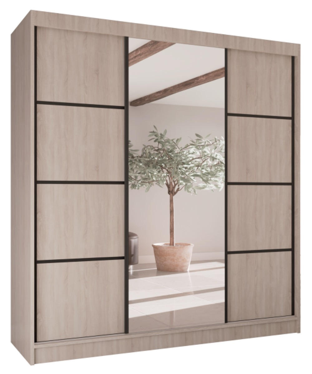 SCHRANK Sonoma Eiche V200 Schiebetür Mit Spiegel Und Schwarzen Sprossen - Braun, Holzwerkstoff (200/215/61cm) - Sepro Meble