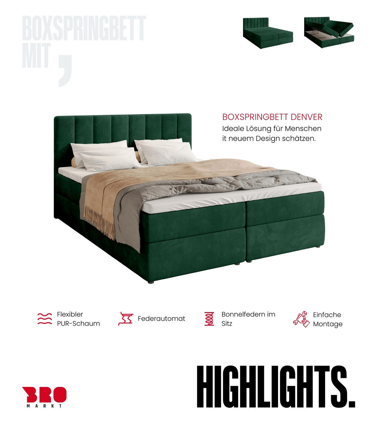 BOXBETT Denver mit Topper 140/200 Grün - Grün, Holzwerkstoff/Textil (140/200cm) - Bromarkt