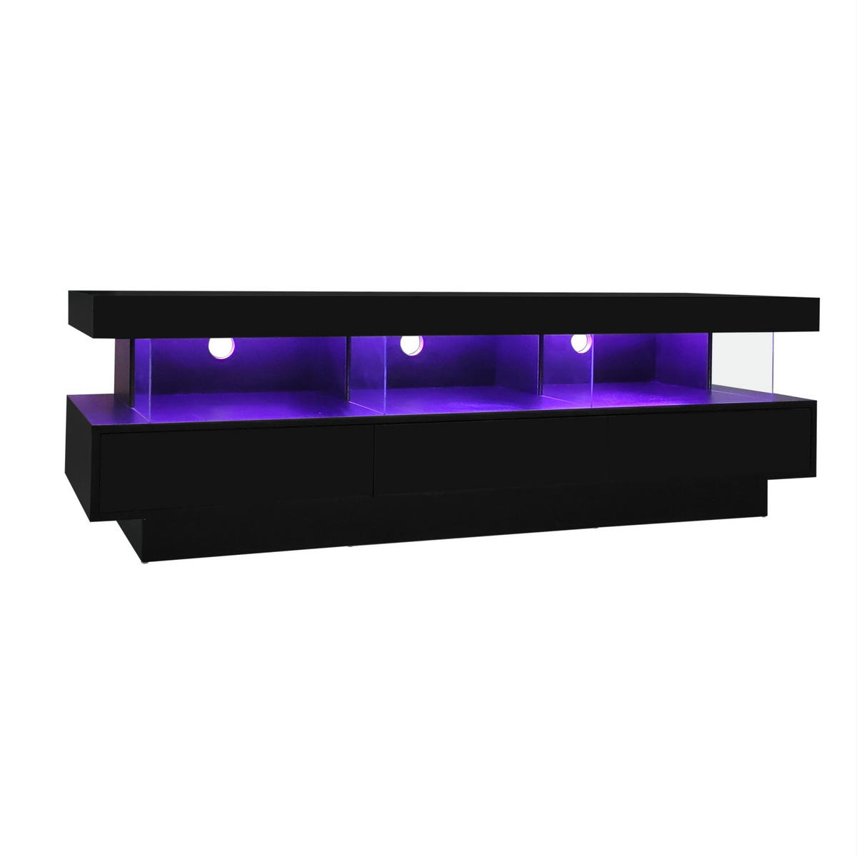 TV-LOWBOARD aus Spanplatte 160x38x50,5 cm Schwarz Hochglanz mit LED-Beleuchtung, Bluetooth-App-Steuerung und 3 Glasfächern - Schwarz, Holzwerkstoff (160/50.5/38cm) - Modfu