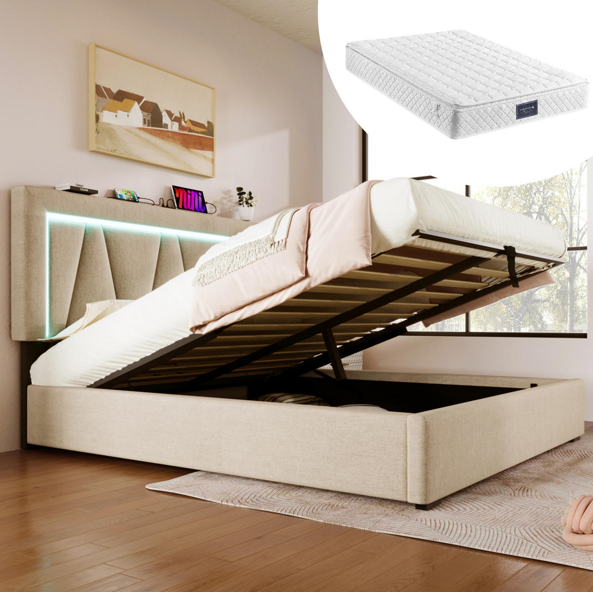 ČALÚNENÁ posteľ z ľanu 160x200 cm béžová s LED osvetlením, USB a Type-C portom, úložným priestorom - béžová, textil (160/200cm) - Modfu