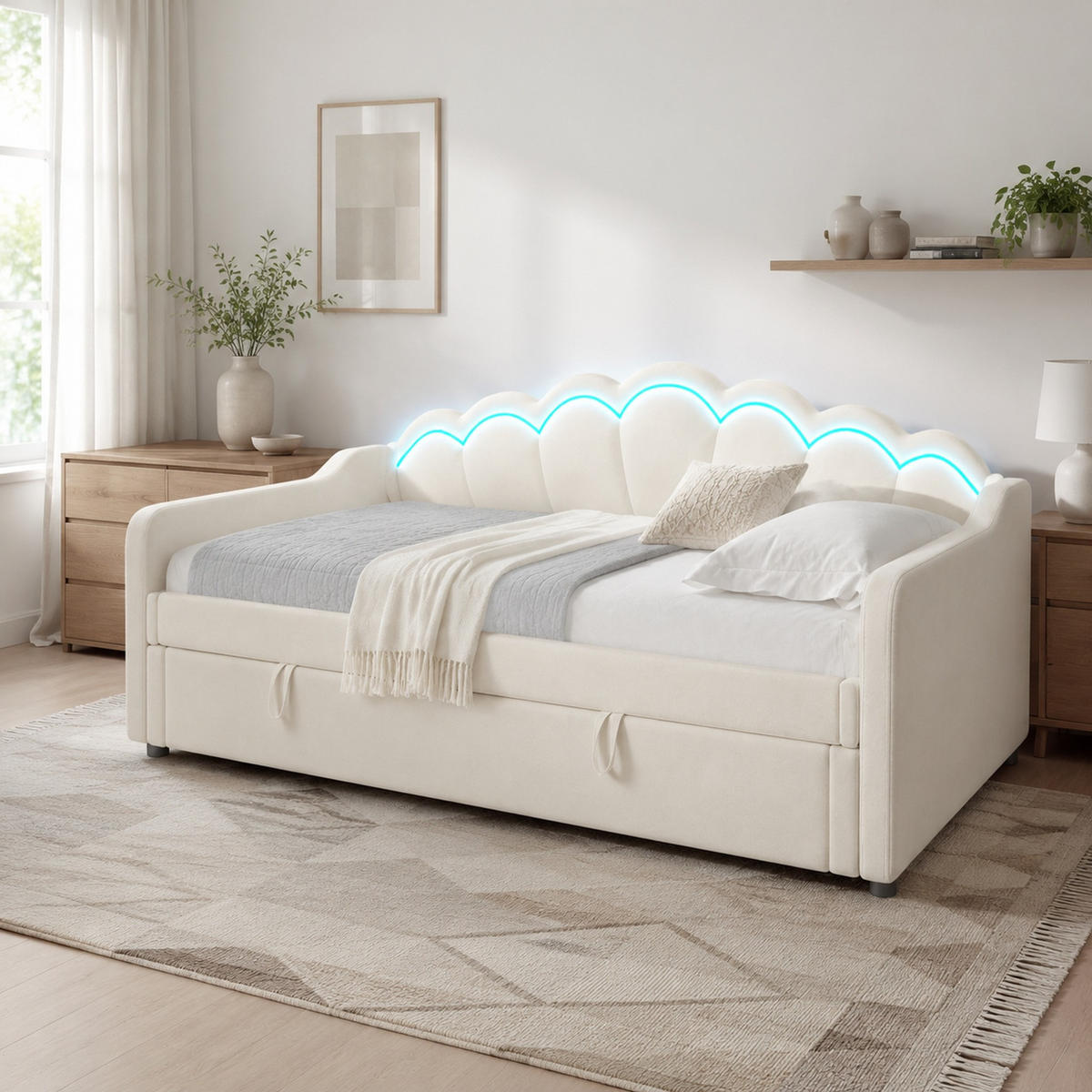 POLSTERBETT 90/200 mit Bettkasten, LED-Lichtleiste und hydraulischem Hebemechanismus aus Samt in Beige - Beige, Holzwerkstoff/Textil (90/200cm) - EVRYAE