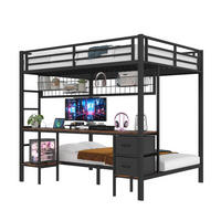 HOCHBETT aus Metall 140x200 cm Schwarz mit Schreibtisch, Schubladen, Ablagen, Hängegitter, LED-Leiste und USB-Anschluss - Schwarz, Metall (90/200cm) - Modfu