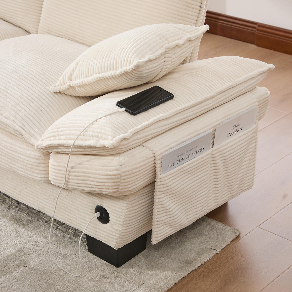 2-SITZER Sofa aus Corduroy 190x73x84 cm mit USB-C & Seitentaschen, beige - Beige, Textil (73/84/190cm)