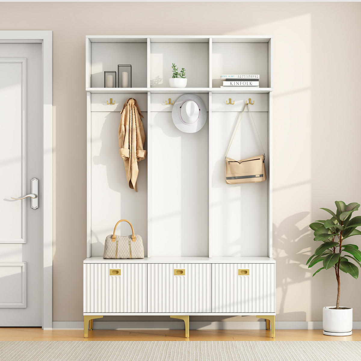 GARDEROBE Weiß Bank 6 Haken Gold Flur Set 120x40x191cm - Weiß, Holzwerkstoff (40/191/120cm) - FLIEKS