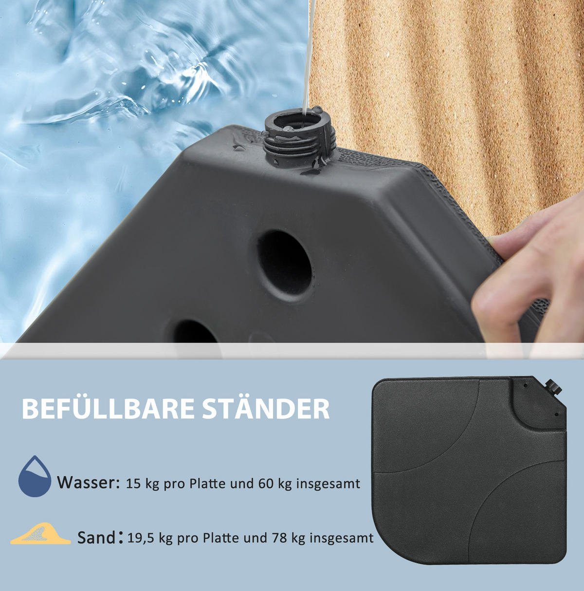 SONNENSCHIRMSTÄNDER 104/104/7,5 cm schwarz aus HDPE befüllbar - Schwarz, Kunststoff (104/104cm) - OKWISH