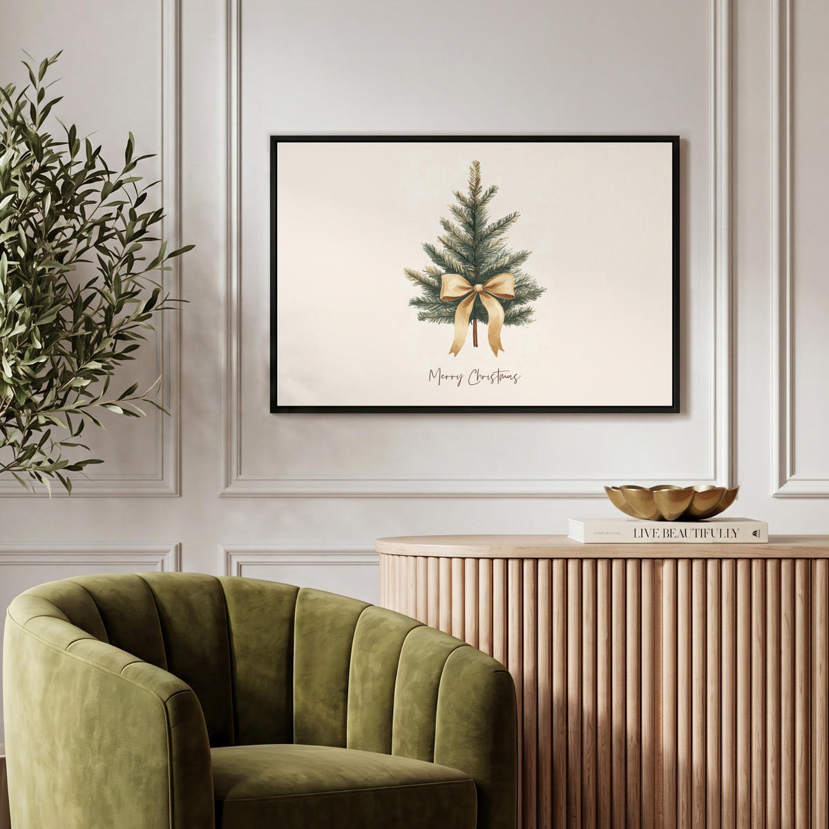 LEINWAND Bilder mit Rahmen - Weihnachtsbaum - Weihnachten - Frohe Weihnachten - Beige - 60x40 - Sandfarben, Textil (60/40cm) - MuchoWow
