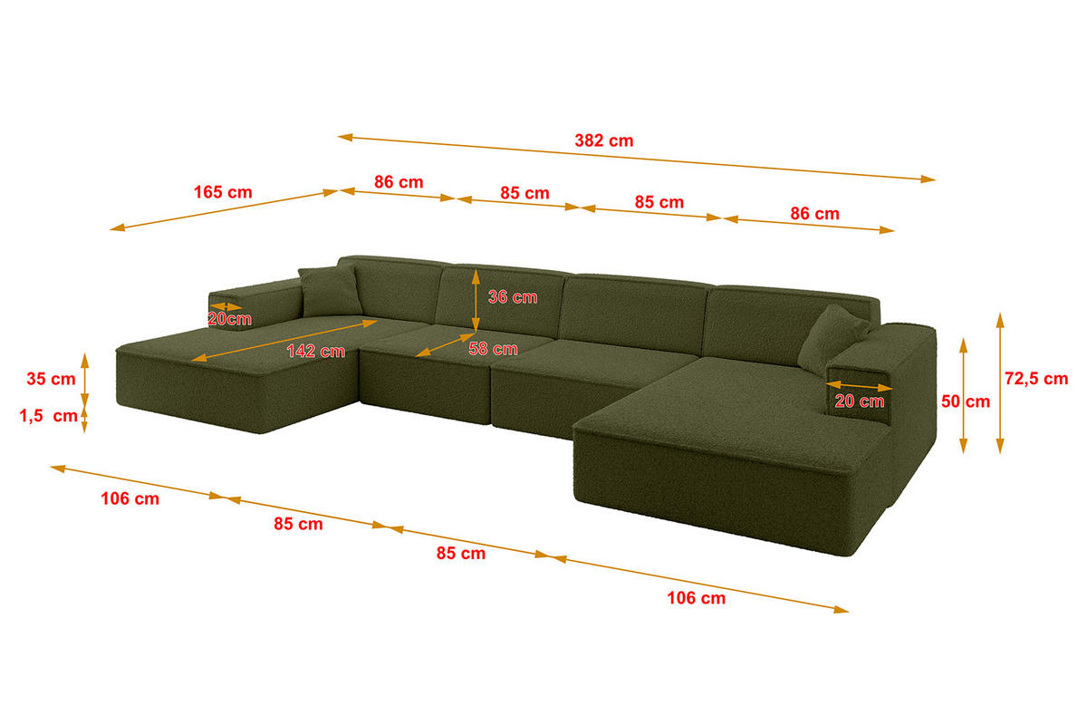 WOHNLANDSCHAFT IREA-U2-v4 - 382x165x72,5 cm Grün - Grün, Holzwerkstoff/Textil (382/72/165cm) - ALTDECOR