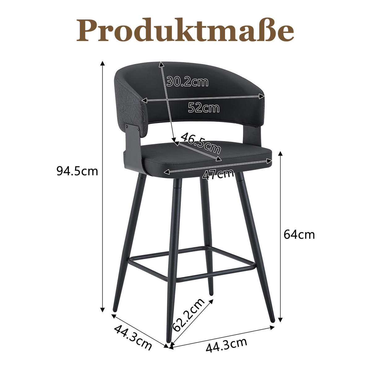 BARHOCKER DE-36674 2er Set mit PU-Bezug und Metallgestell Schwarz - Schwarz, Metall (47/94.5/46cm) - ComfortXL