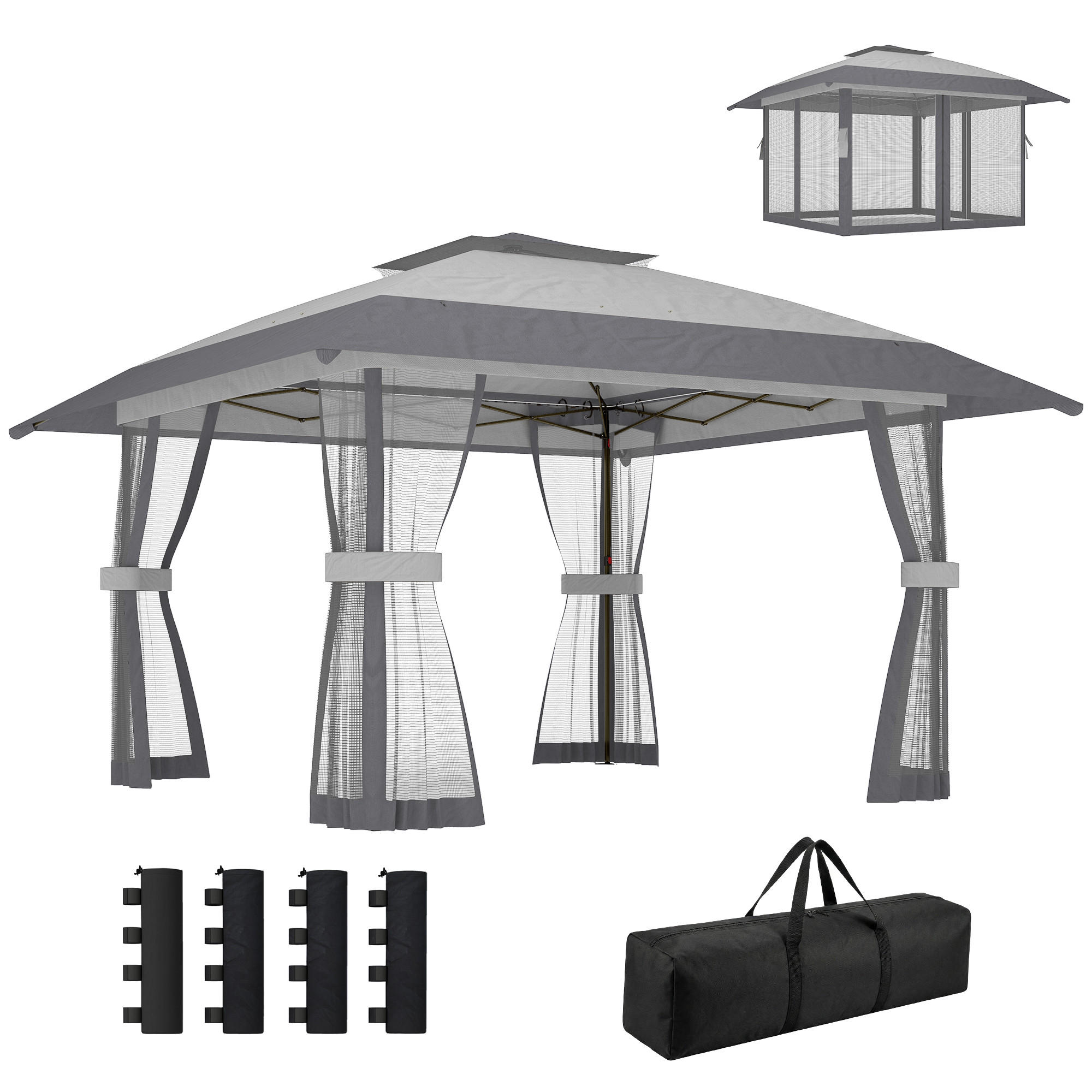 PAVILLON, faltbar, 4 Moskitonetzen an den Seiten, verstellbarer Höhe, 4x4 m, Grau - Grau, Metall (400/287/400cm) - Vallsero