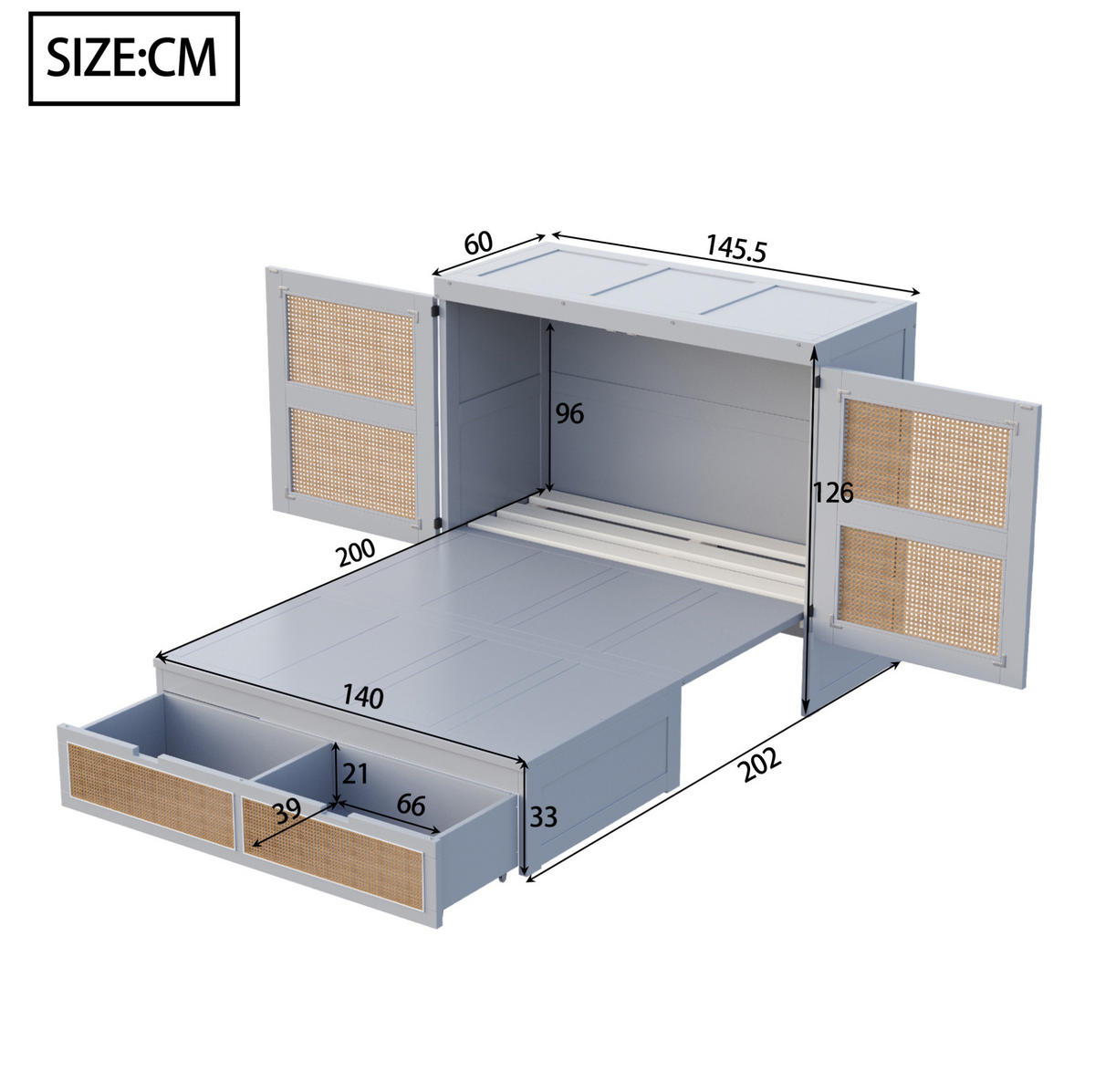 SCHRANKBETT 140/200 cm grau mit Stauraumschubladen im Rattan-Design - Grau, Holz (140/200cm) - OKWISH