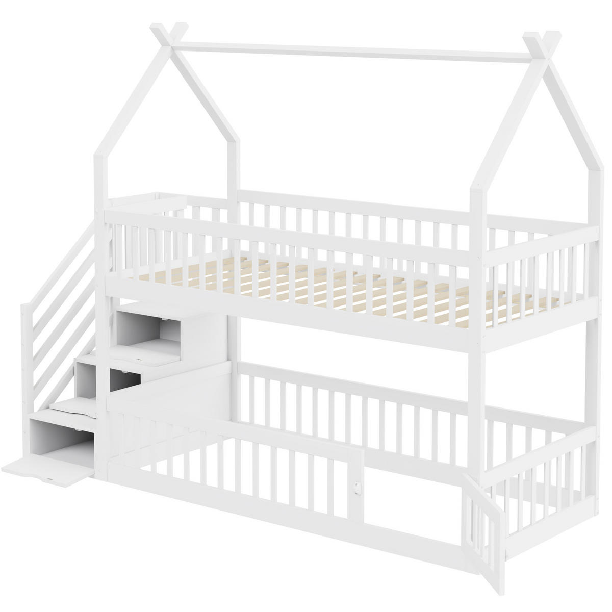 ETAGENBETT aus Massivholz 90x200 cm in Weiß mit Treppe & Schubladen - Weiß, Holz (90/200cm) - Modfu