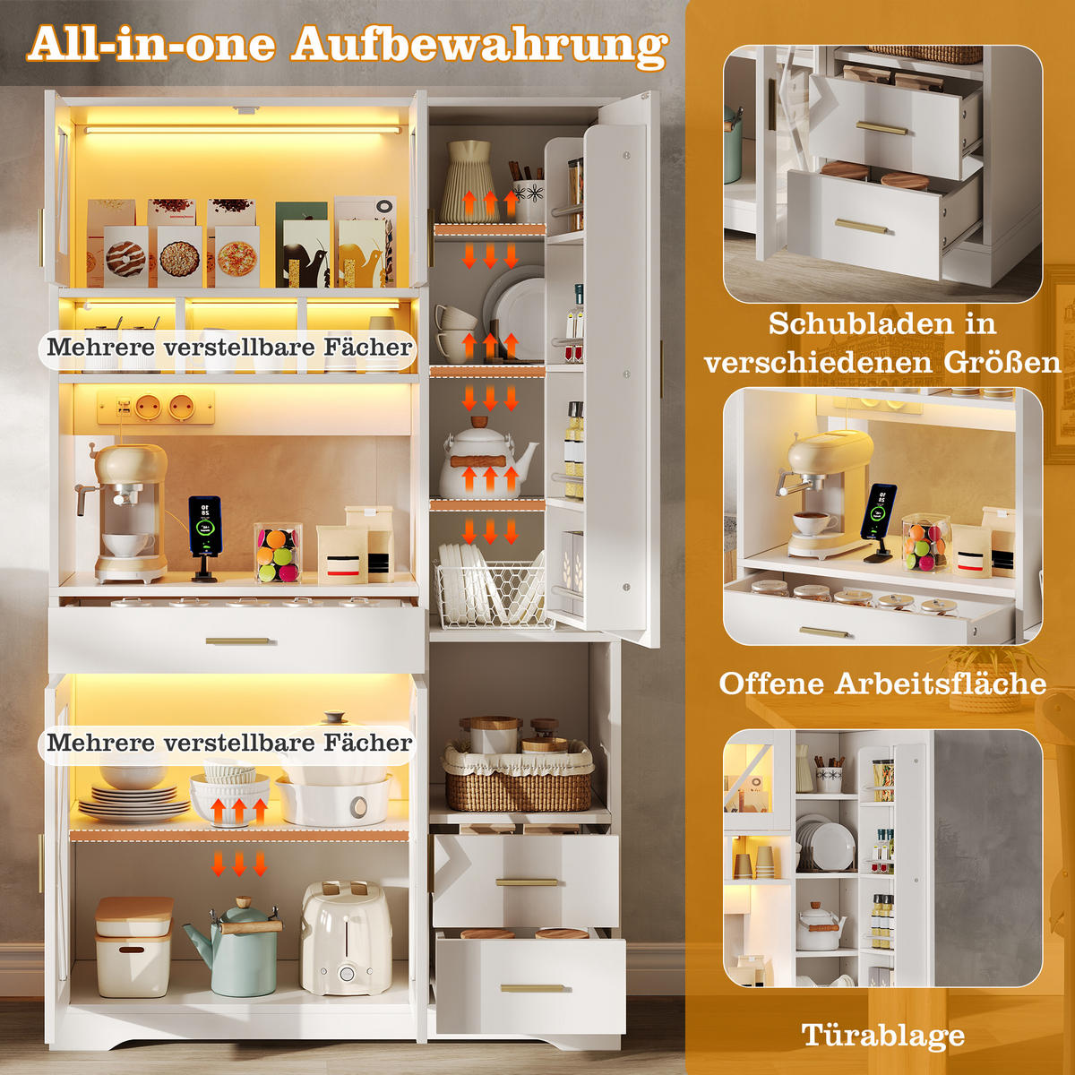 BUFFET 105/39/185 cm Weiß mit farbwechselnder LED-Beleuchtung und 2 Schublade - Weiß, Holz (105/185/40cm) - Oxeza