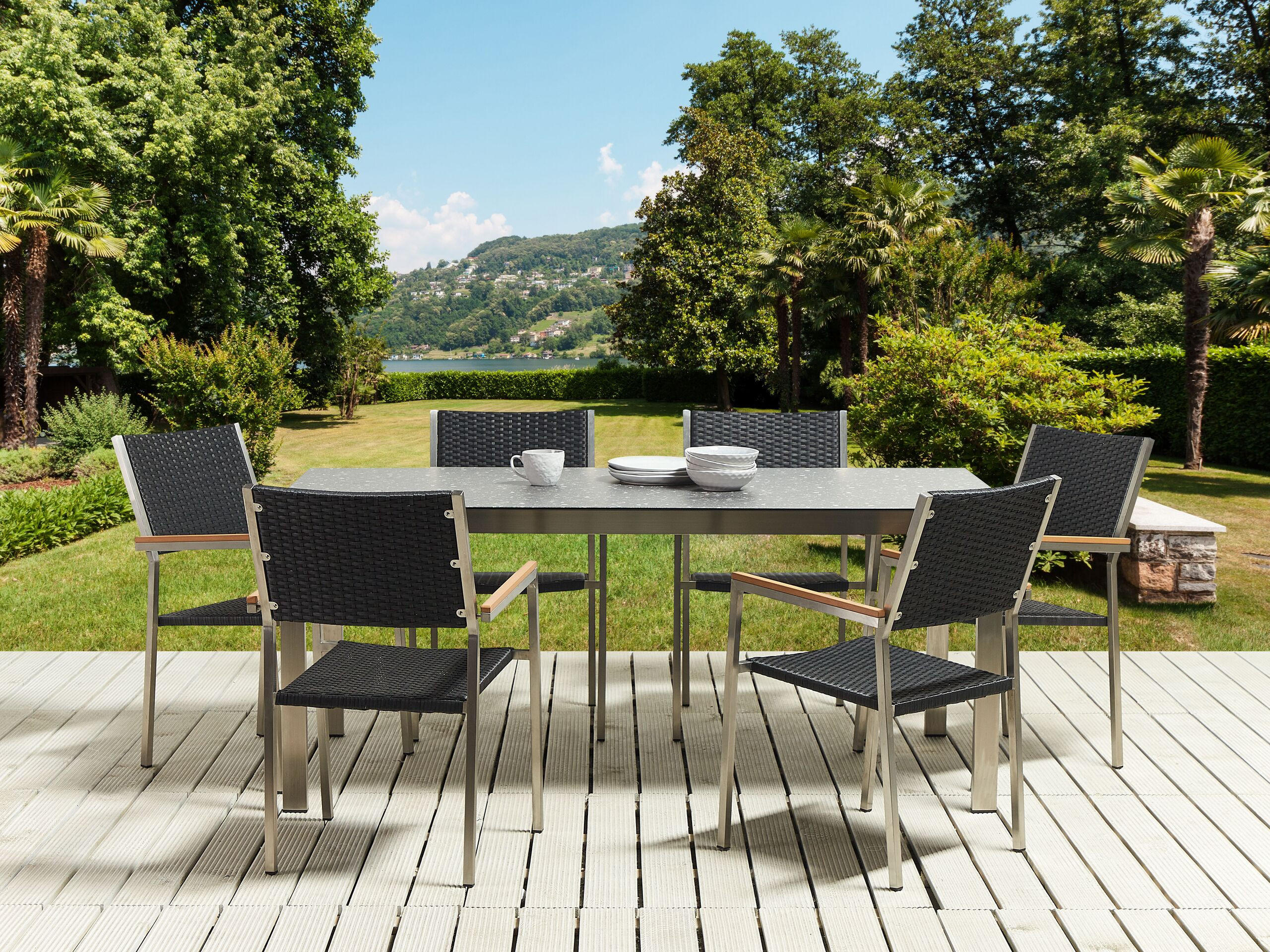 GARTENMÖBEL SET 6-Sitzer Keramik-Glas Granit Optik Rattan schwarz Cosoleto/Grosseto - Silberfarben/Schwarz, Glas - Beliani