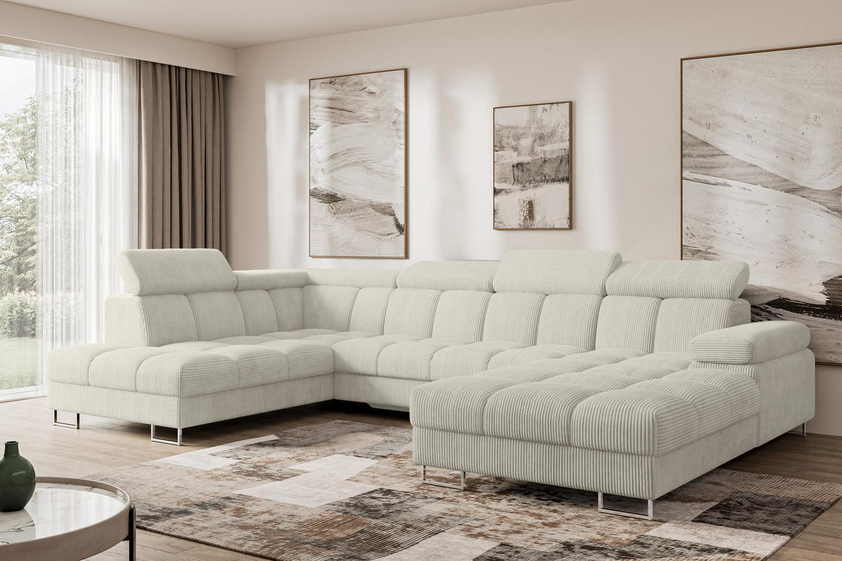 WOHNLANDSCHAFT mit Schlaffunktion und Bettkasten Ottomane Links COMA U 345x203x79 Creme Cord - Mokka, Holzwerkstoff/Textil (345/79/203cm) - ALTDECOR