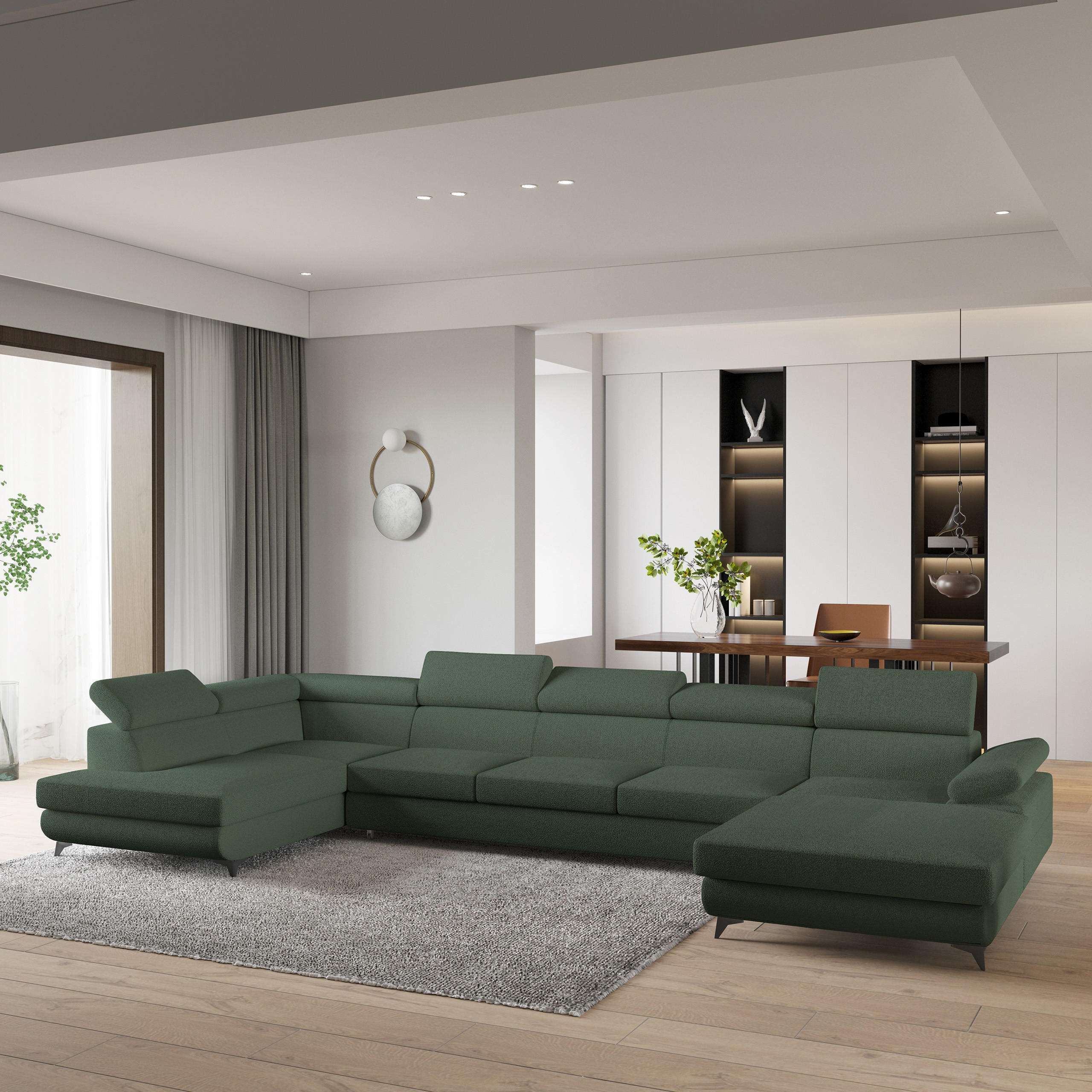 WOHNLANDSCHAFT MONTIVA Grün Boucle-Stoff mit Schlaffunktion - Grün, Holz (410/89/190cm) - MASSENO